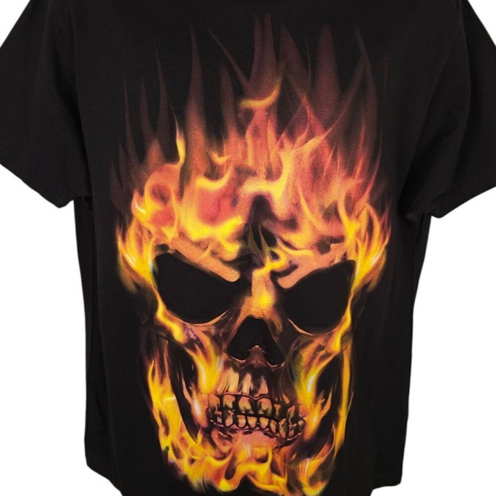 Flaming Skull T Shirt Mens Size Large Black Halloween Fire Skeleton